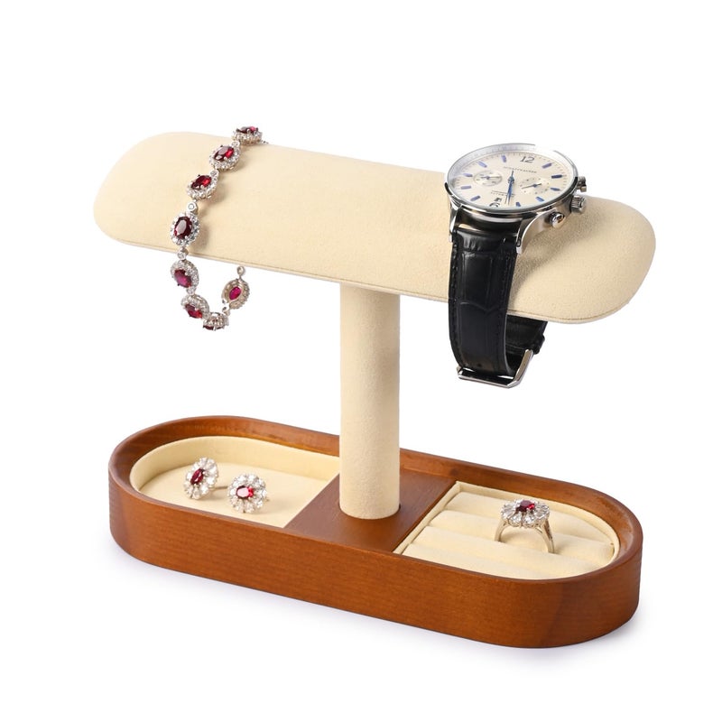 Oirlv Solid Wood Watch Stand Tbar Watch Holder Organizer for Men and Women Showcase Jewelry Display Stand Rings Earrings Necklace StorageCreamywhit - Image 2