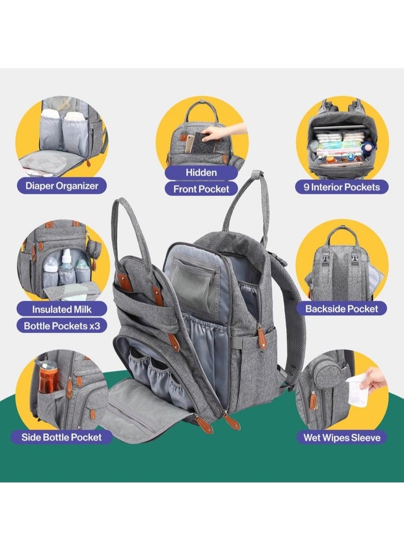 BabbleRoo Multifunctional Waterproof Diaper Bag, Essential Travel Baby Tote with Changing Pad, Baby Carrier and Pacifier Cover - Unisex, Dark Grey - Image 2