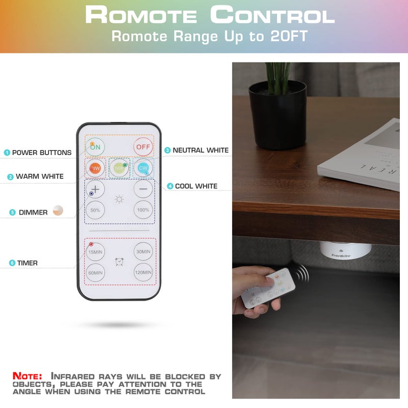 EverBrite Puck Lights with Remote, Wireless LED Battery Operated, Under Cabinet Timer, Stick on Light, Closet Light Dimmable for Closet, Bedroom, Included (6-Pack) - Image 3