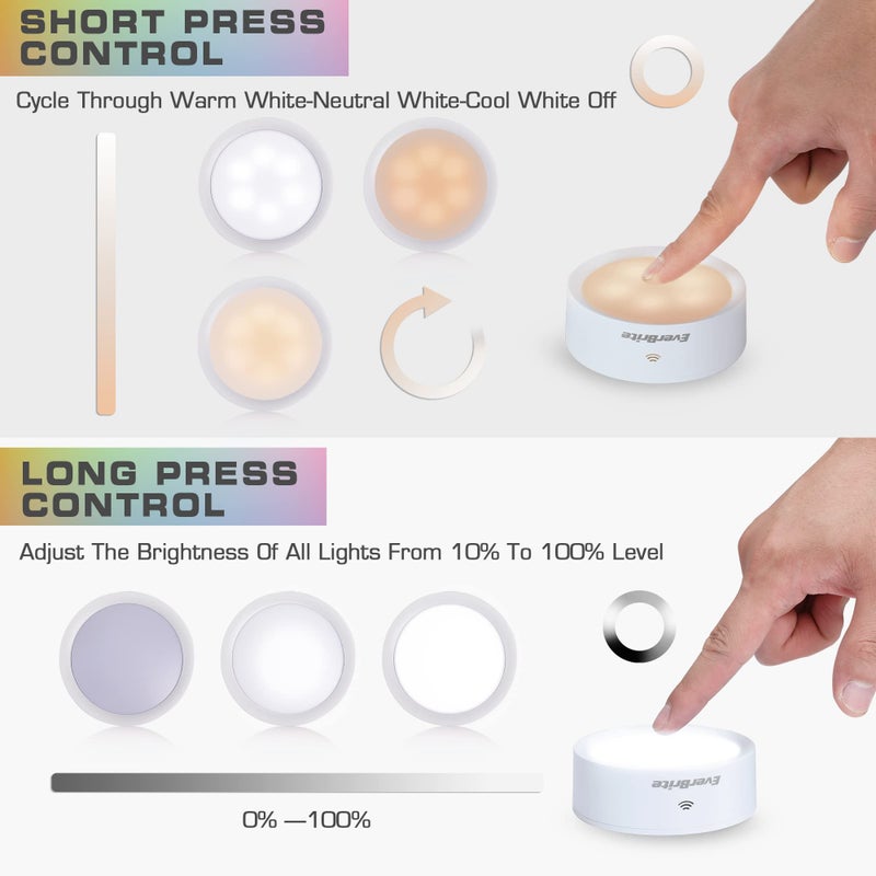 EverBrite Puck Lights with Remote, Wireless LED Battery Operated, Under Cabinet Timer, Stick on Light, Closet Light Dimmable for Closet, Bedroom, Included (6-Pack) - Image 2