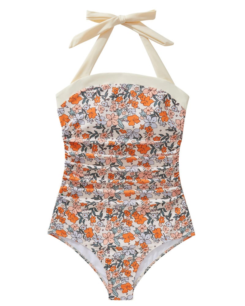 SUUKSESS Women Sexy Tummy Control One Piece Swimsuits Halter Slimming Retro Monokini Bathing Suits Color Block Swimwear (Yellow Floral,S) - Image 4