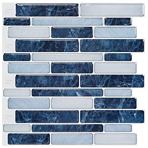 LONGKING Self-Adhesive Kitchen Backsplash, Marble Look Decorative Tiles (10 Tiles) (Dark Blue) - Image 1