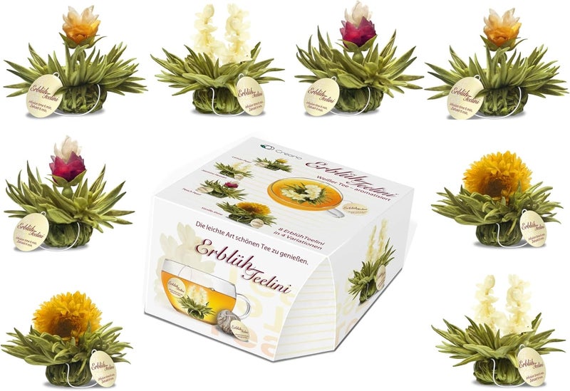 Creano Blooming Tea Flowers - 8 Flowering Teas in 4 Varieties with White Tea - Image 1