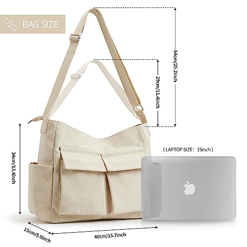 KALIDI FANCY FOREST KALIDI Canvas Tote Messenger Bag with Pockets, Large Crossbody Bag for Women or Men Casual Canvas Shoulder Bag for College Work Travel Daily, Beige - Image 4