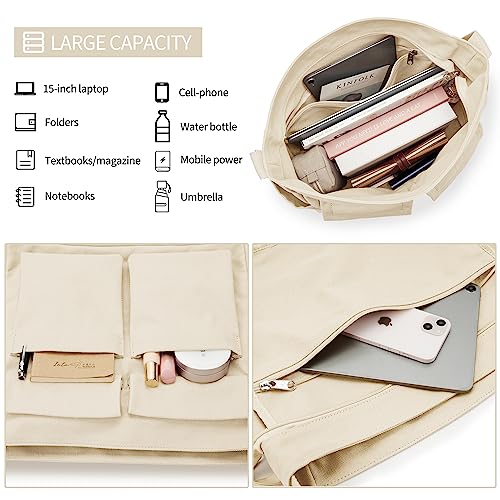 KALIDI FANCY FOREST KALIDI Canvas Tote Messenger Bag with Pockets, Large Crossbody Bag for Women or Men Casual Canvas Shoulder Bag for College Work Travel Daily, Beige - Image 3