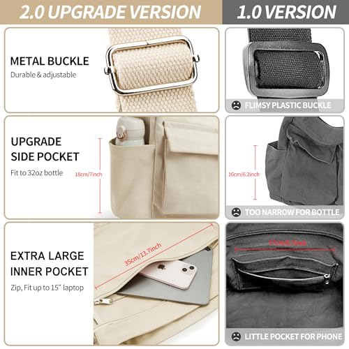 KALIDI FANCY FOREST KALIDI Canvas Tote Messenger Bag with Pockets, Large Crossbody Bag for Women or Men Casual Canvas Shoulder Bag for College Work Travel Daily, Beige - Image 5