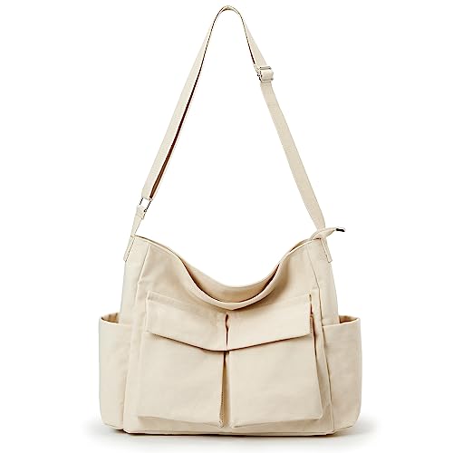 KALIDI FANCY FOREST KALIDI Canvas Tote Messenger Bag with Pockets, Large Crossbody Bag for Women or Men Casual Canvas Shoulder Bag for College Work Travel Daily, Beige - Image 1
