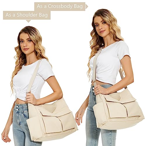 KALIDI FANCY FOREST KALIDI Canvas Tote Messenger Bag with Pockets, Large Crossbody Bag for Women or Men Casual Canvas Shoulder Bag for College Work Travel Daily, Beige - Image 2