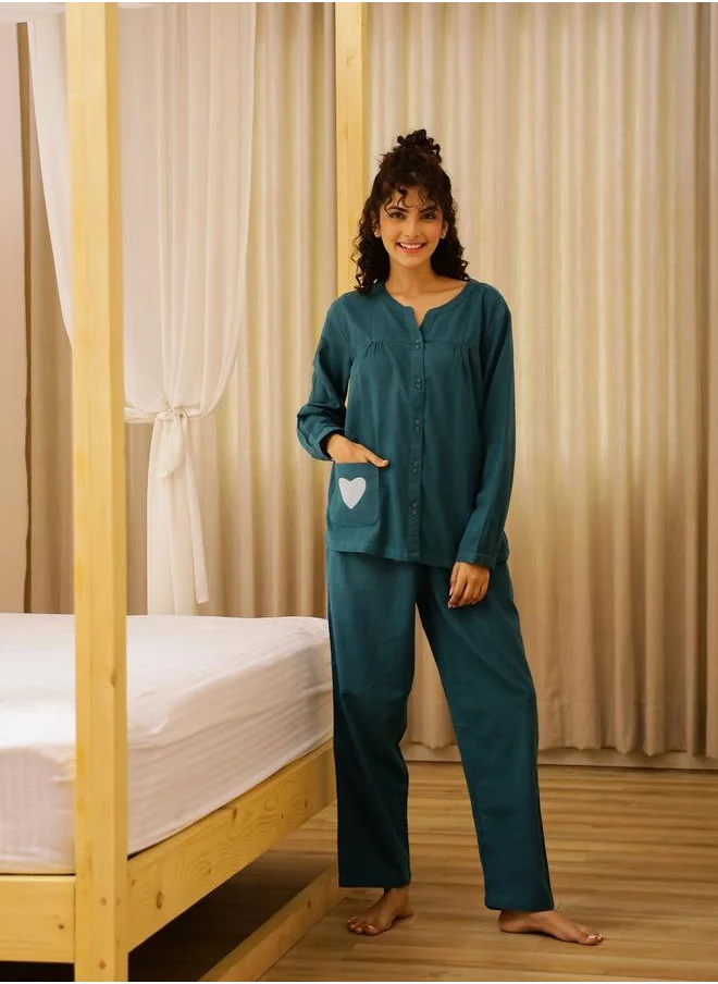 سانسكريتي هومز Sanskrutihomes Women Solid Long Sleeve Pure Cotton Shirt and Pyjama Set