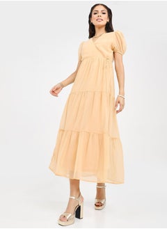 Short Puff Sleeves Plain Tiered Midi Dress