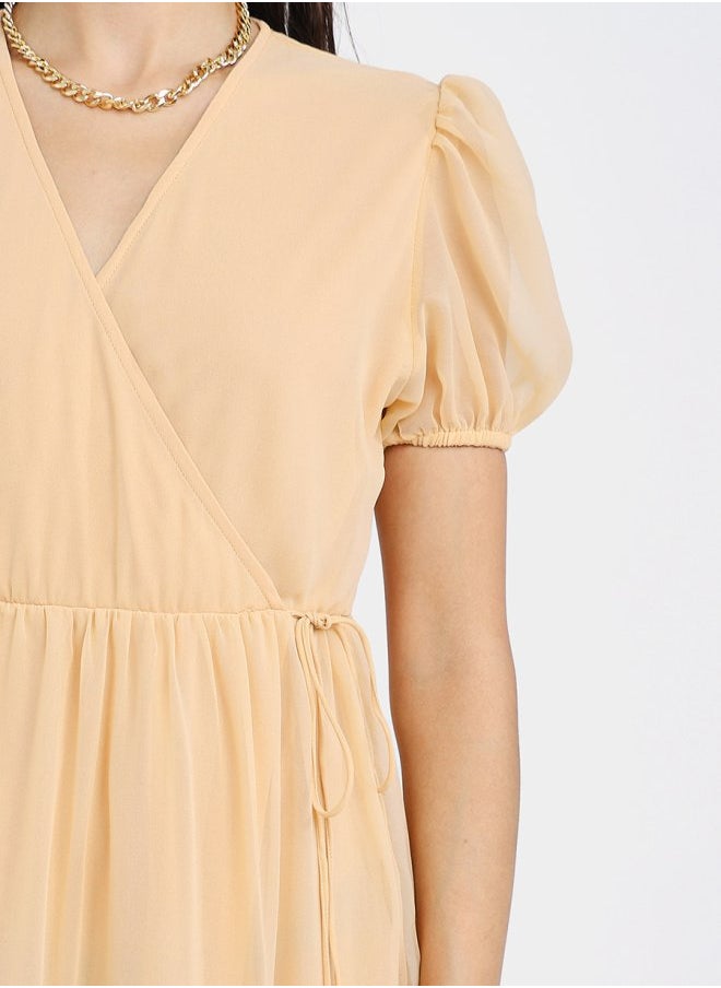 Styli - Short Puff Sleeves Plain Tiered Midi Dress - Image 1