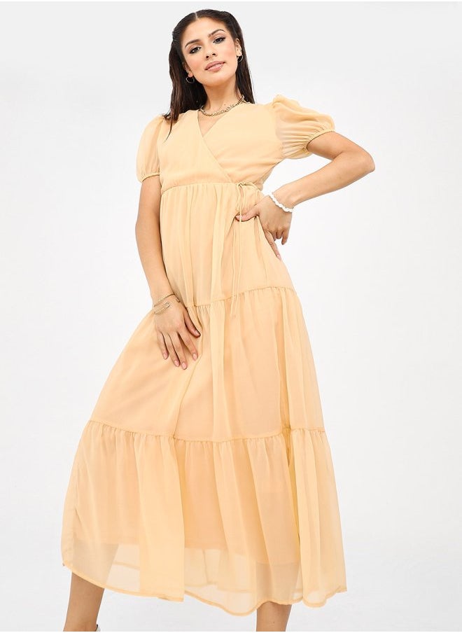 Styli - Short Puff Sleeves Plain Tiered Midi Dress - Image 1