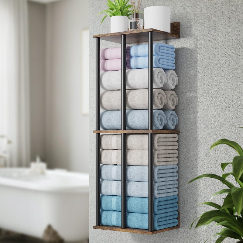 WHEARTED Towel Racks for Bathroom Wall Mounted, Upgraded Bathroom Towel Holder Bath Storage Rack for Rolled Towel, Small Towels, Folded Towels, Rustic Organizer Rack with Shelf - Image 1