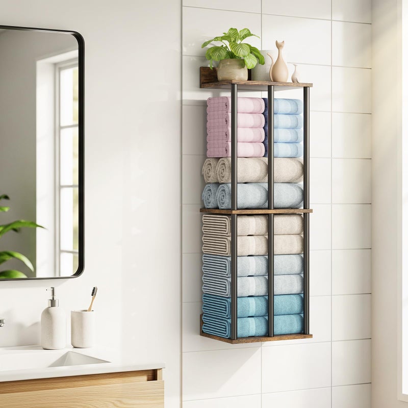 WHEARTED Towel Racks for Bathroom Wall Mounted, Upgraded Bathroom Towel Holder Bath Storage Rack for Rolled Towel, Small Towels, Folded Towels, Rustic Organizer Rack with Shelf - Image 2