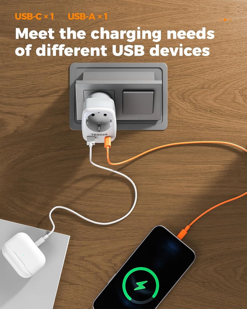 تيسان محول من أوروبا إلى الولايات المتحدة مع مخرج تيار متردد ومنفذي USB، محول من الاتحاد الأوروبي إلى الولايات المتحدة، محول سفر من أوروبا إلى أمريكا، معظم دول أوروبا الاتحاد الأوروبي إسبانيا ألمانيا فرنسا نوع C/E/F محول طاقة - Image 4