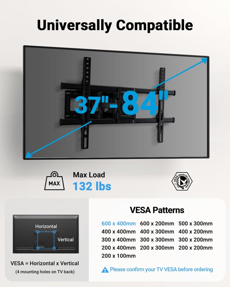 Pipishell Full Motion TV Wall Mount for Most 37-84 Inch TVs up to 132lbs, Wall Mount TV Bracket Articulating Swivel Tilt Extension Leveling Max VESA 600x400mm Fits 12/16" Wood Stud, PILFK1 - Image 2