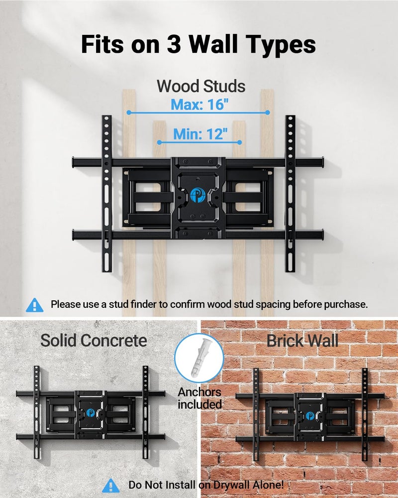 Pipishell Full Motion TV Wall Mount for Most 37-84 Inch TVs up to 132lbs, Wall Mount TV Bracket Articulating Swivel Tilt Extension Leveling Max VESA 600x400mm Fits 12/16" Wood Stud, PILFK1 - Image 3