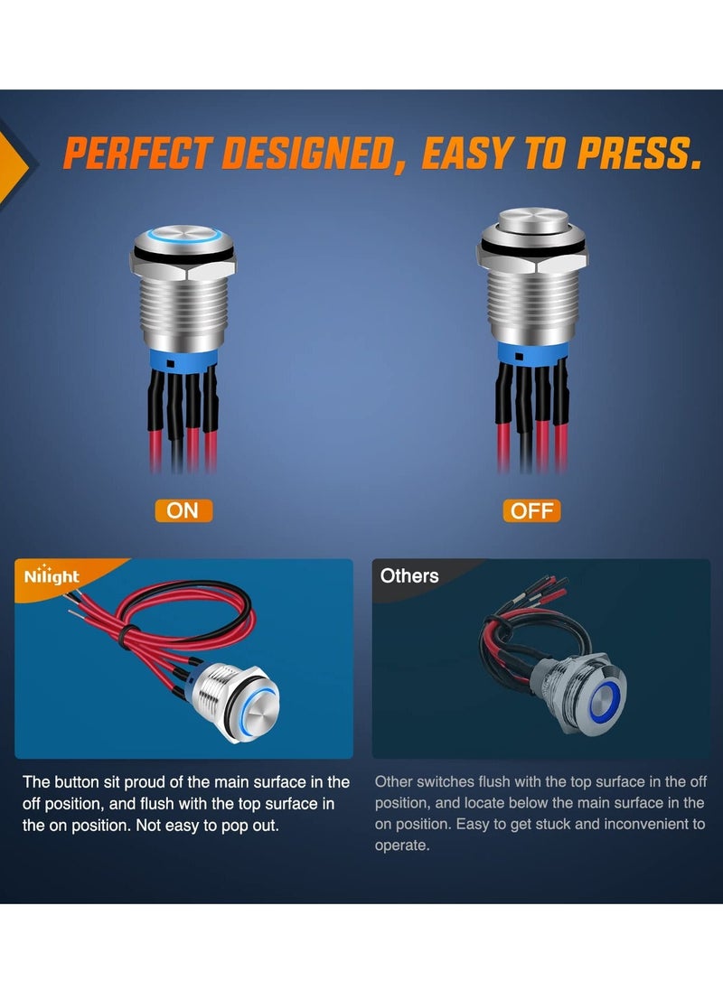 Push Button Switch,12mm with Pre Wired Harness 12V 24V Stainless Steel Self Locking Latching, Push Button Latching Switch, Waterproof Pushbutton Switch Self-locking Marine Switch (5PCS)