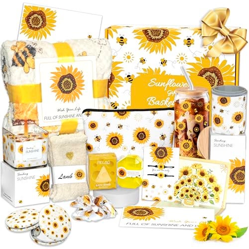 Acessorz Sunflower Gift Baskets for WomenSending Sunshine Unique Birthday Cheer Up Box Self Care PackageGet Well Soon Spa Gifts Set Box wBlanket Thinking of You Gift for HerGirlsWomenSisterMom - Image 1