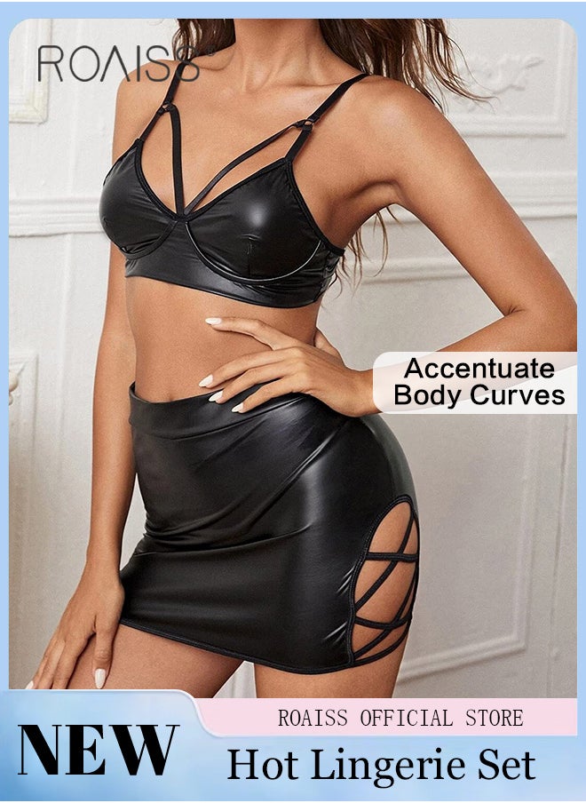 2 Piece Patent Leather Lingerie Set for Women Comfy and Breathable Hollow out Push up Bra and Short Hip Covering Skirt Underwear Suit Ladies Cool Slim Fit Strappy Nightwear - pzsku/Z06D0A91E9BE8F56A22B5Z/45/_/1729306701/ac78fcef-945e-4666-a0f7-73e0ba6cc2fa