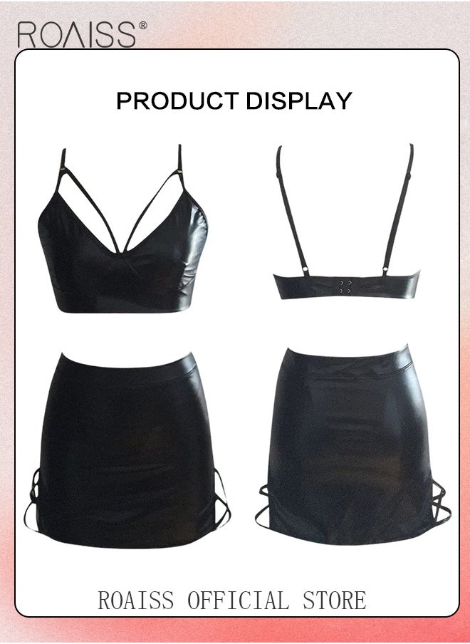 2 Piece Patent Leather Lingerie Set for Women Comfy and Breathable Hollow out Push up Bra and Short Hip Covering Skirt Underwear Suit Ladies Cool Slim Fit Strappy Nightwear - pzsku/Z06D0A91E9BE8F56A22B5Z/45/_/1729306702/ae676381-8509-4e90-822a-616cf284140b