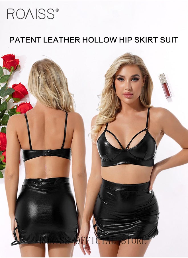 2 Piece Patent Leather Lingerie Set for Women Comfy and Breathable Hollow out Push up Bra and Short Hip Covering Skirt Underwear Suit Ladies Cool Slim Fit Strappy Nightwear - pzsku/Z06D0A91E9BE8F56A22B5Z/45/_/1729306703/2227dbcb-5c53-4482-a502-802aa602e1d9