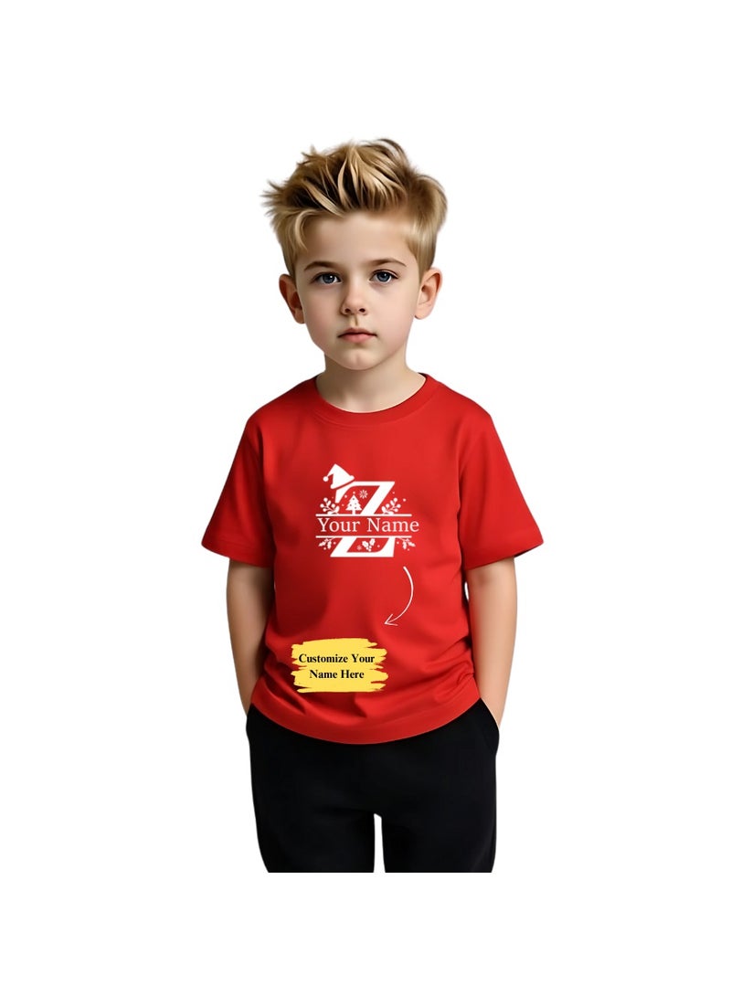 برينت شوب فور مي تي شيرت أحمر مطبوع عليه حروف أبجدية عيد الميلاد مخصصة للأولاد - تي شيرت للأطفال باسم مخصص - هدية احتفالية للعطلات - Image 1