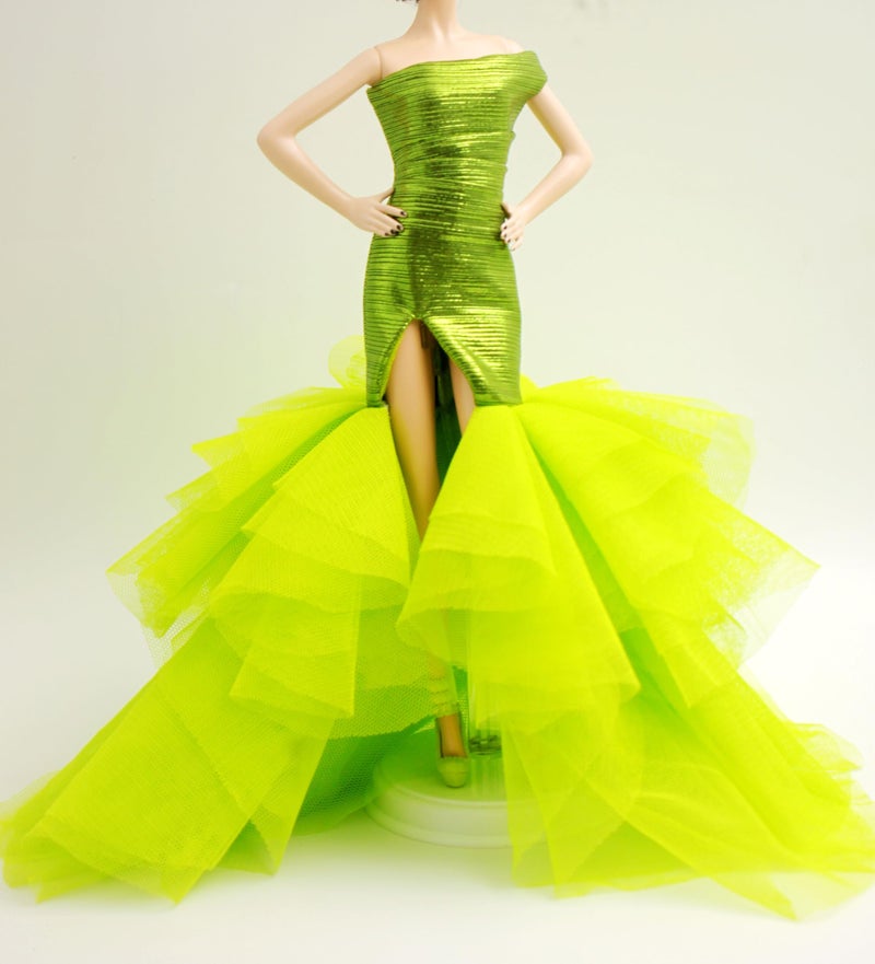 Cora Gu Handmade Cora Gu Classic Shimmery Lime One Shoulder Mermaid Gowns Fit for 12 Fashion Doll and Dolls not Included - Image 3