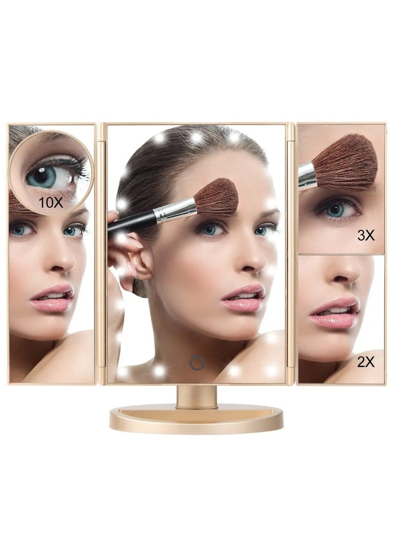 Lifenpure Lifenpure™ Trifold Magnified Makeup Mirror Touch Screen With Led Lights Gold Color  - Image 1