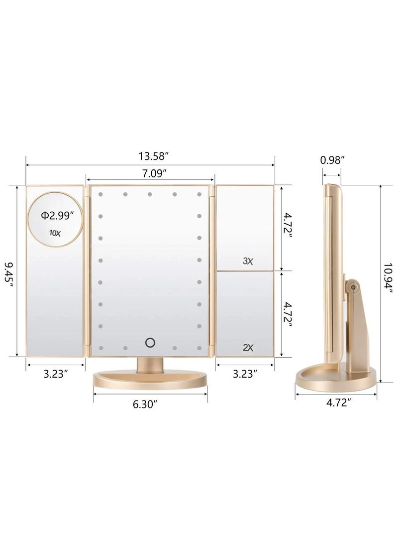 Lifenpure Lifenpure™ Trifold Magnified Makeup Mirror Touch Screen With Led Lights Gold Color  - Image 2