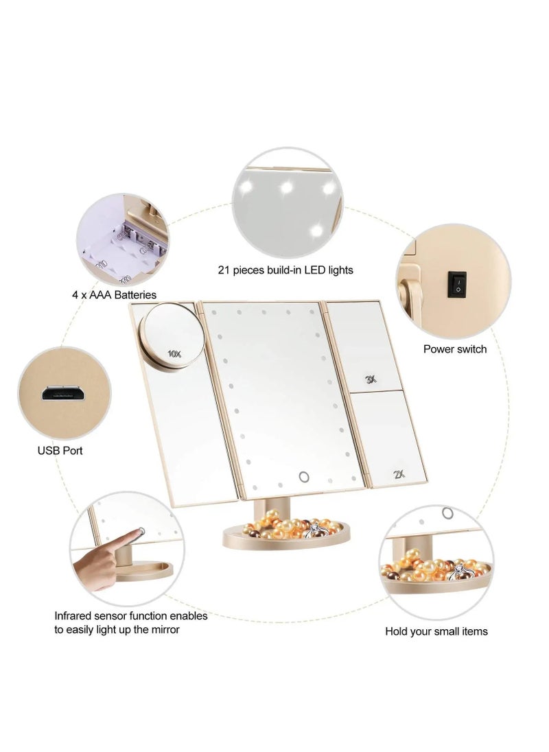 Lifenpure Lifenpure™ Trifold Magnified Makeup Mirror Touch Screen With Led Lights Gold Color  - Image 3