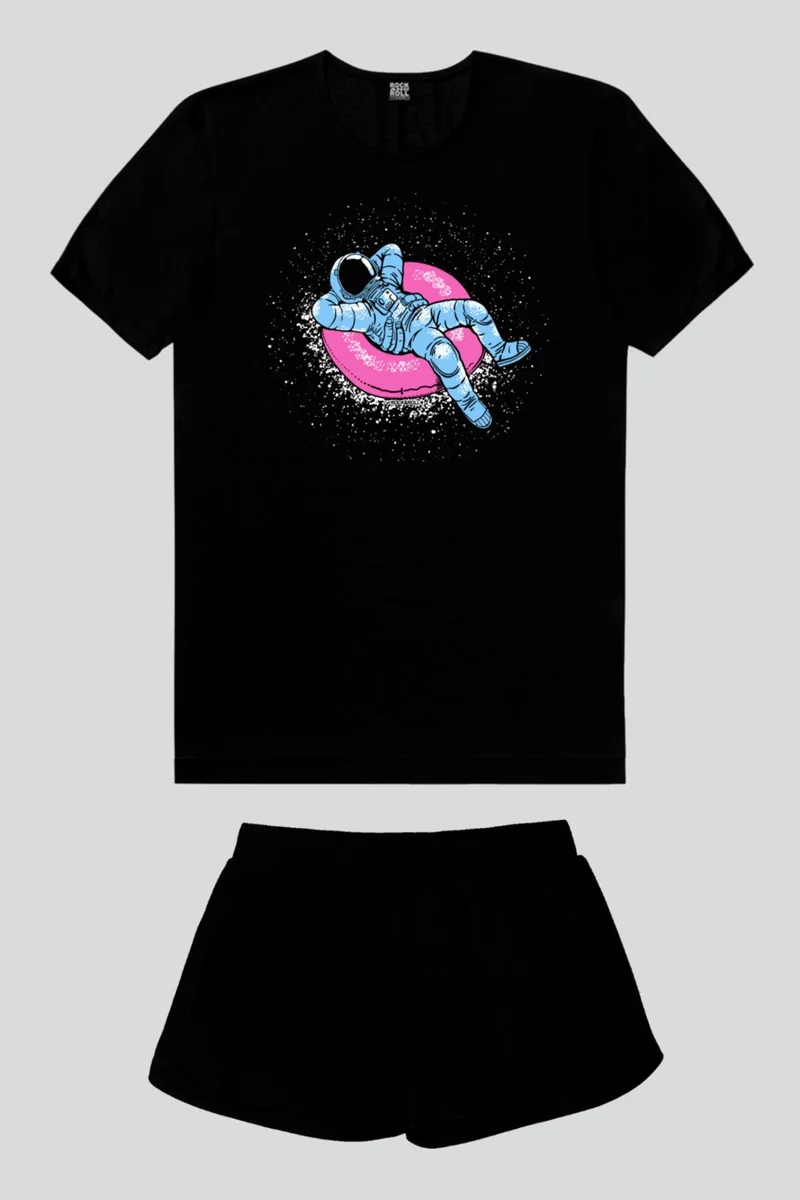 Rock&Roll Pool Astronaut Black Short Sleeve Women's Shorts Set