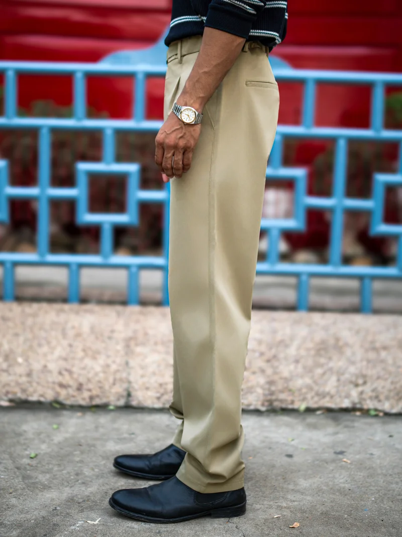 Maniac  Maniac Mens Solid Light Beige Belted Cotton Blend Trouser for Men | Best Price UAE
