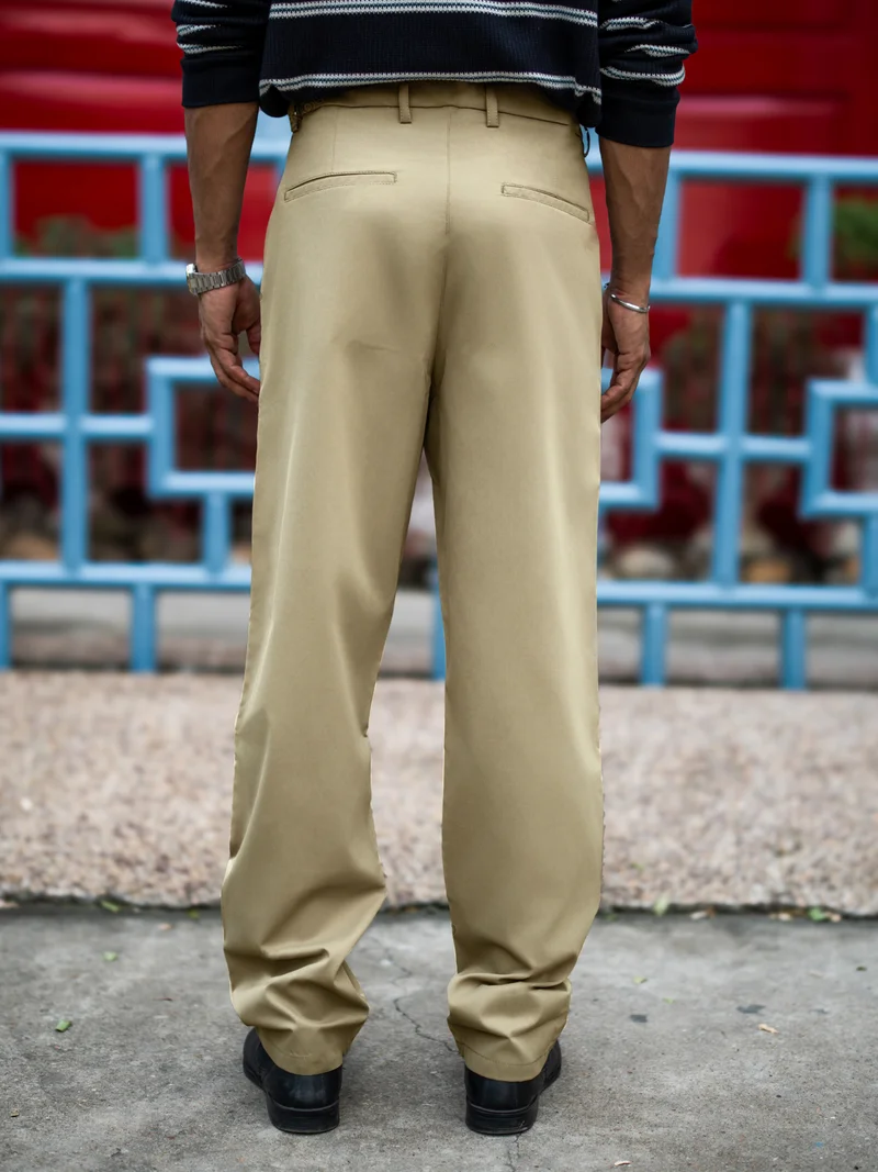 Maniac  Maniac Mens Solid Light Beige Belted Cotton Blend Trouser for Men | Best Price UAE