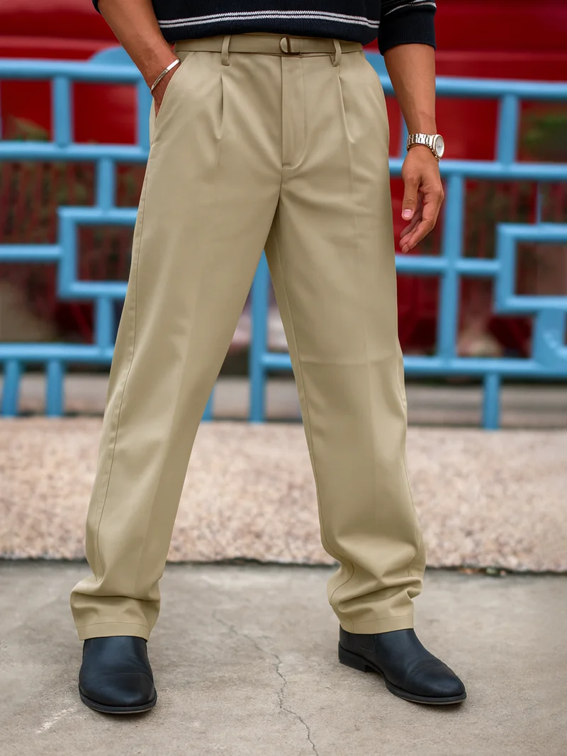 مانياك بنطلون رجالي قطن بيج فاتح بحزام