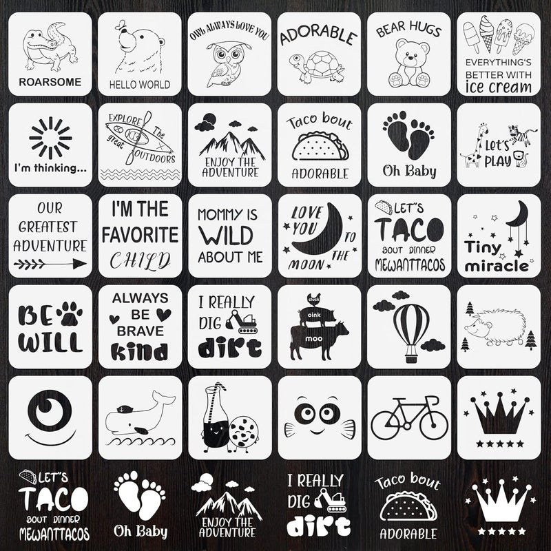 Courdom 30 Pack Baby Shower Stencils Cute Onesie Stencil Mixed Animals Pattern Painting Stencils Templates Reusable for Painting Bodysuit Bags Shirts