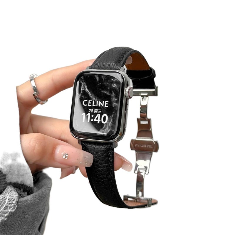 AD Black Classic Leather Strap Smartwatch Band Compatible with Apple Watch with Adjustable Fit Replacement Strap for Daily Wear - Image 1