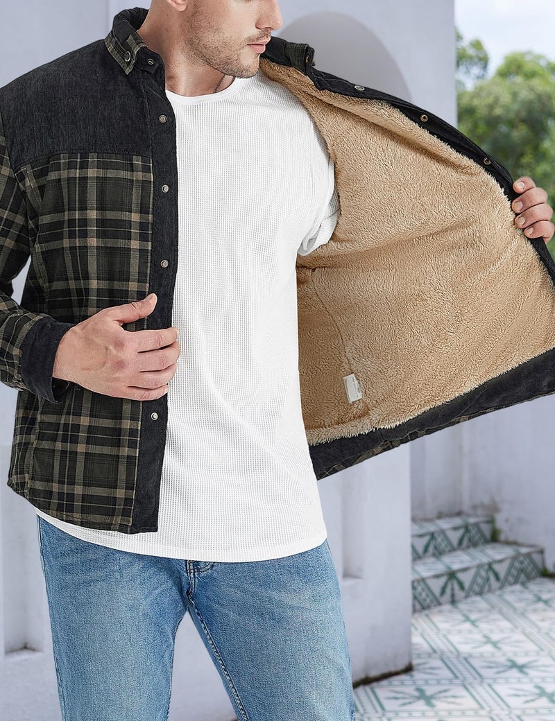 Gihuo Men's Long Sleeve Sherpa Lined Shirts Outdoor Warm Flannel Plaid Jacket Button Down Fleece Coats(ArmyGreen-M) - Image 2