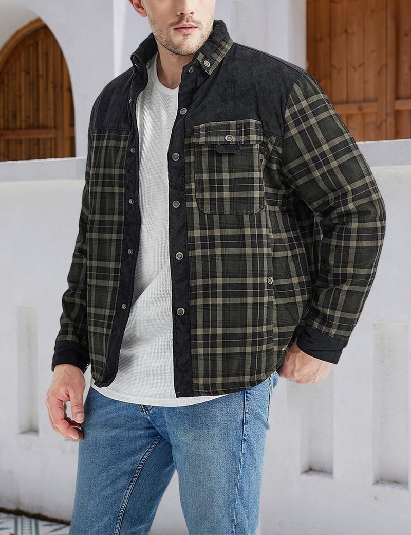 Gihuo Men's Long Sleeve Sherpa Lined Shirts Outdoor Warm Flannel Plaid Jacket Button Down Fleece Coats(ArmyGreen-M) - Image 3