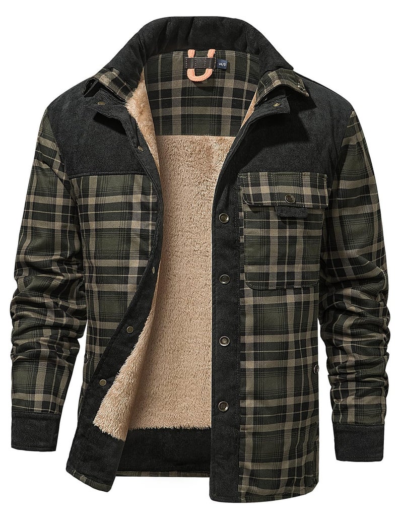 Gihuo Men's Long Sleeve Sherpa Lined Shirts Outdoor Warm Flannel Plaid Jacket Button Down Fleece Coats(ArmyGreen-M) - Image 1