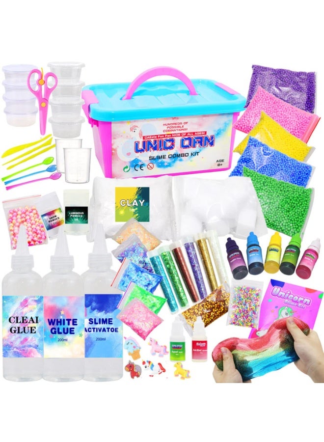 UNICORN Slime Making Kit for Girls Boys - Diy Slime Toys Gifts for Kids Fluffy Cloud Foam Squish Glitter Slime Making Kits with with Unicorn Charms ! Slime Kits for Girls and Boys 6 year+ - Image 1