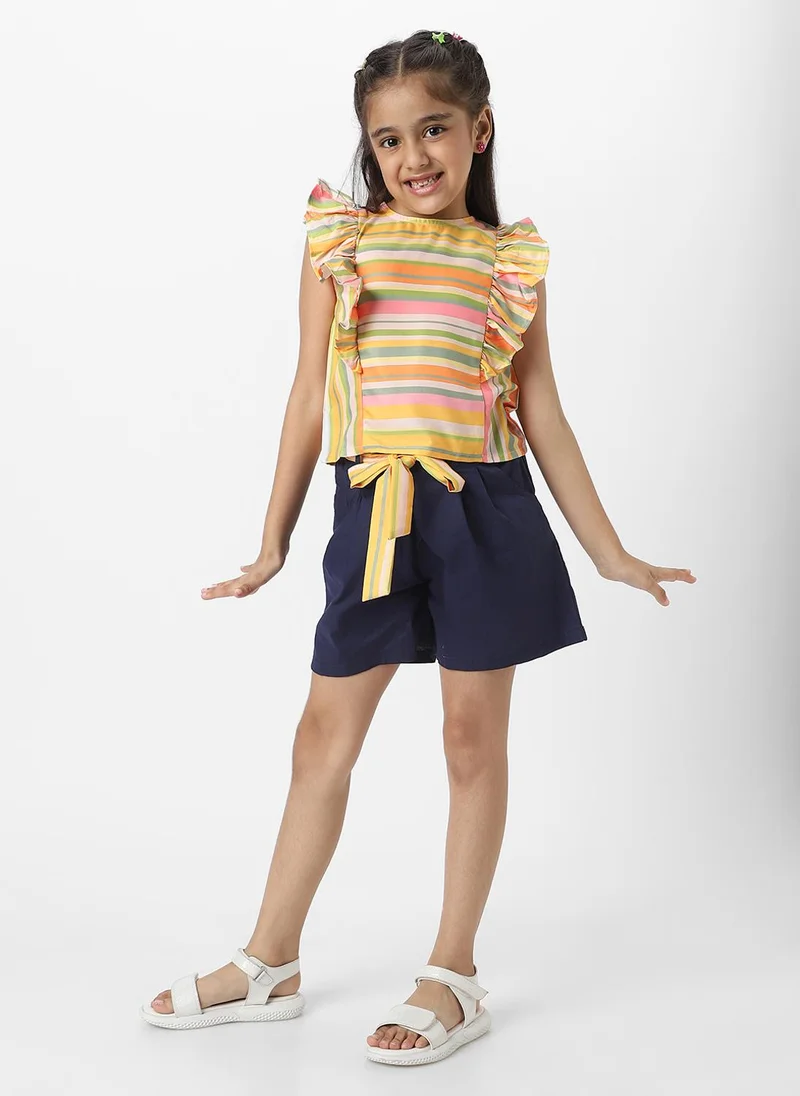 Nautinati Nautinati Girls' Combo Set of Striped Sleeveless Top with Matching Belt and Solid Shorts