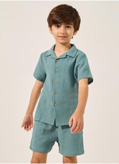 Styli Plain Crinkled Short Sleeve Shirt and Shorts Set  - Image 2