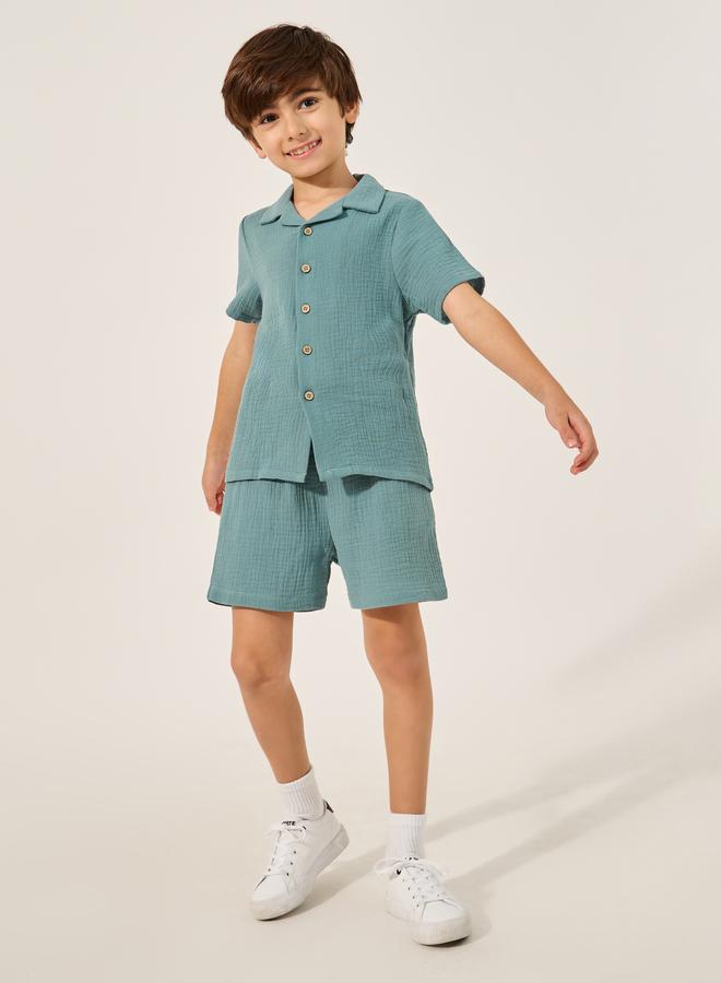 ستايلي طقم قميص قصير الأكمام ستيلي سادة مجعد وشورت - Image 1