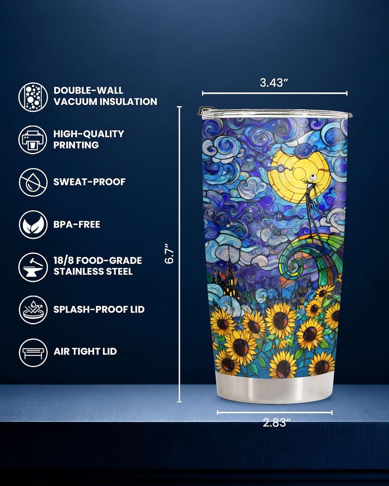 34HD Jack Skeleton Starry Nightmare Painting Tumbler 20oz Stainless Steel Insulated Travel Mug Sunflower Stained Glass Art Coffee Cup Movie Fan Gifts for Men Women Birthday - Image 2