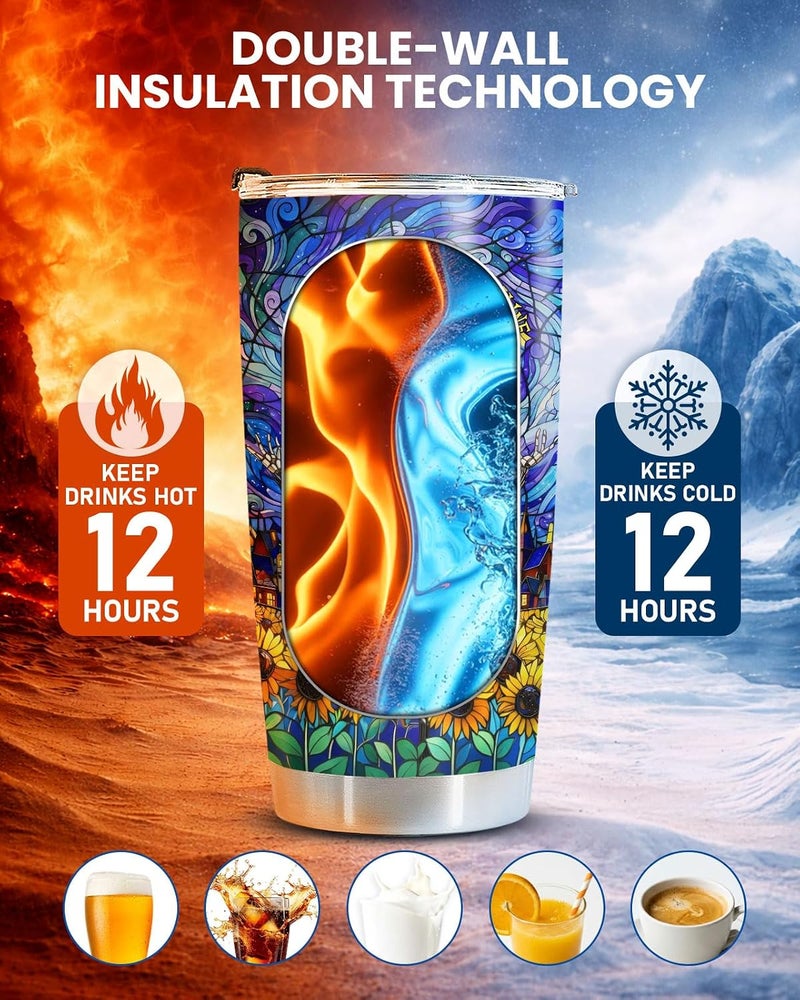 34HD Jack Skeleton Starry Nightmare Painting Tumbler 20oz Stainless Steel Insulated Travel Mug Sunflower Stained Glass Art Coffee Cup Movie Fan Gifts for Men Women Birthday - Image 4