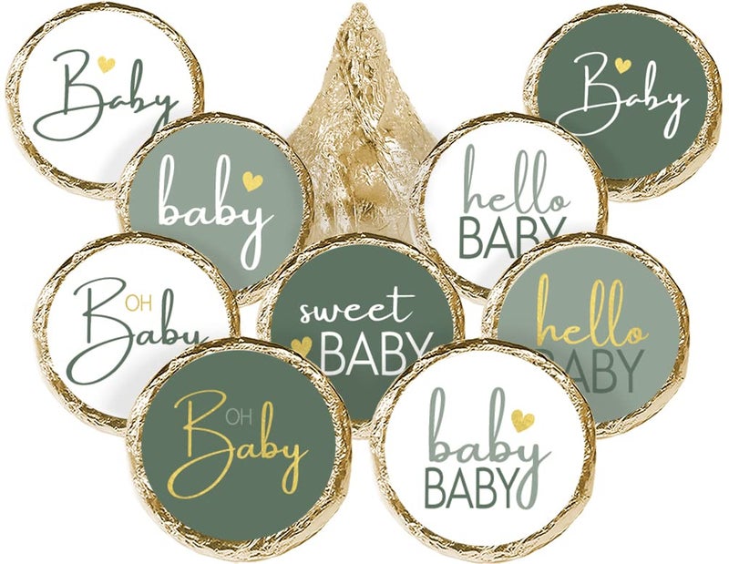 Green and Gold Baby Shower Party Favor Kisses Candy Stickers Sweet Baby Party Favors 180 Labels