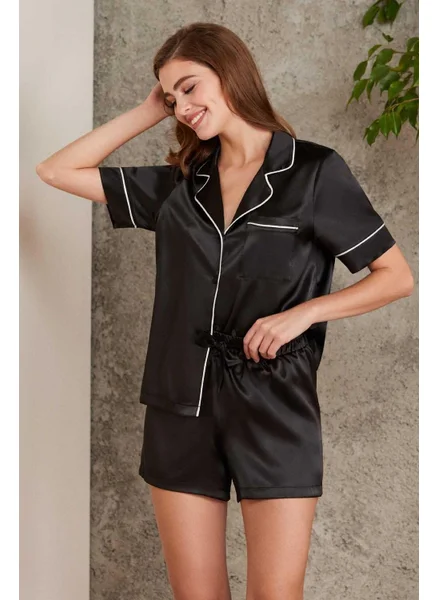 بيير كاردان 1205 Women's Satin Front Buttoned Pajama Set with Shorts - Black