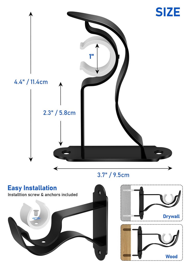 NajmStyle Curtain Rod Bracket, Heavy Duty Curtain Rod Holders, Black Curtain Rod Hooks Hangers Drapery Single Decorative Rods Wall Brackets for 1- 1.2 Inch Drape Poles, 4 Pack - Image 4