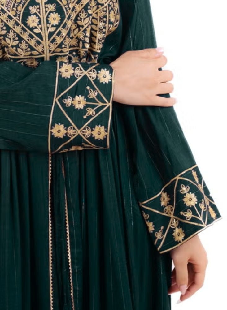 كمفورت فستان جلابية ماكسي مطرز مفتوح من الأمام بأكمام طويلة - قماش خفيف الوزن، مناسب للمناسبات الاحتفالية والملابس المحتشمة، لون أخضر، قطعة واحدة - Image 5